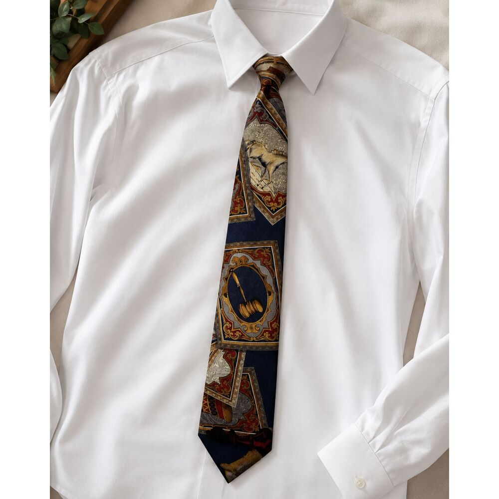 Countess Mara Silk Tie Legal Gavel Justice Novelty Print Navy Gold Lawyer Judge